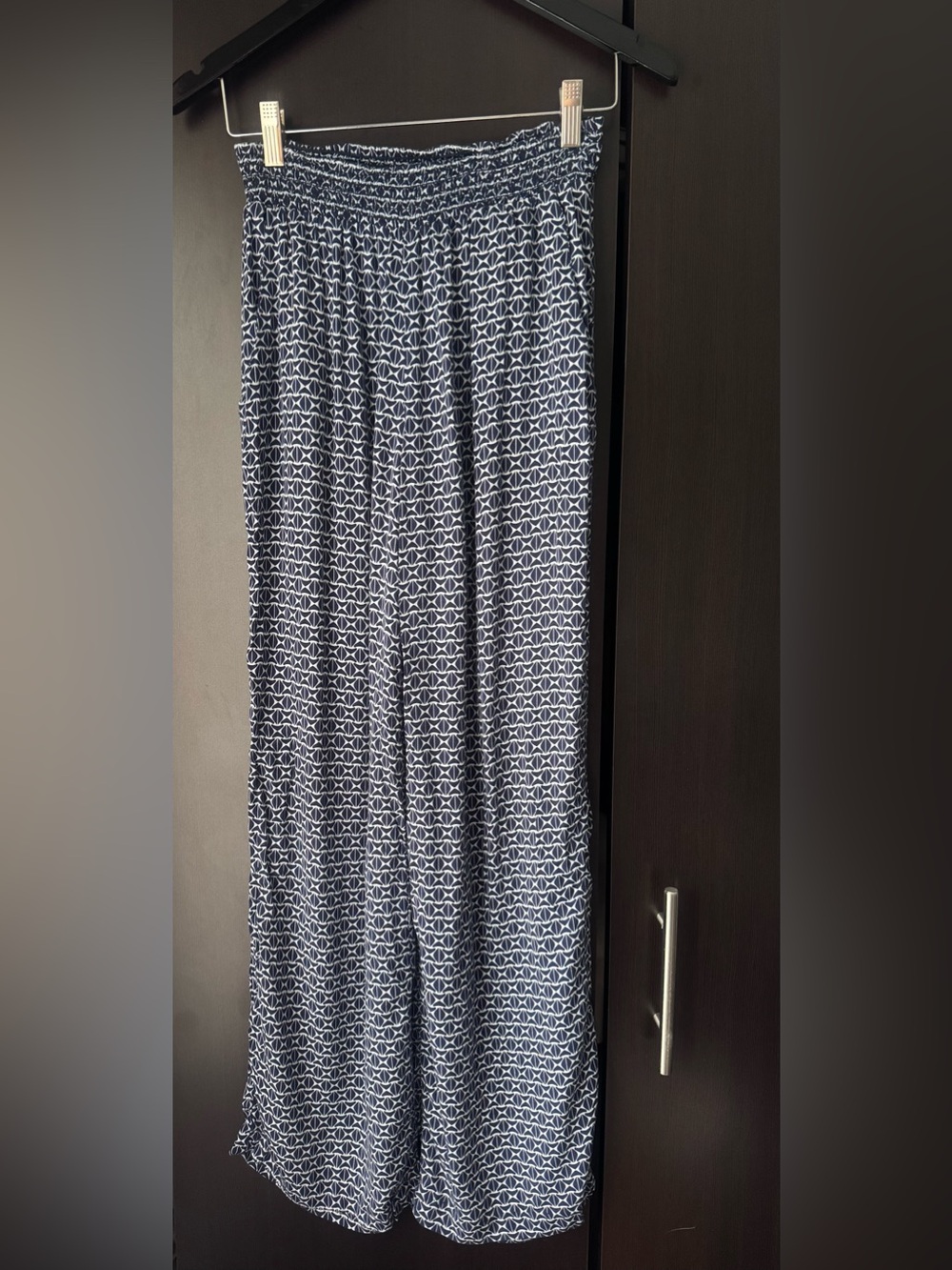 Matty M Boho Smocked Wide Leg Palazzo Pants Navy Tile Print Geometric Pockets M
